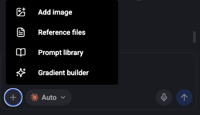 Attachments menu — Add image, Reference files, Prompt library, and Gradient builder