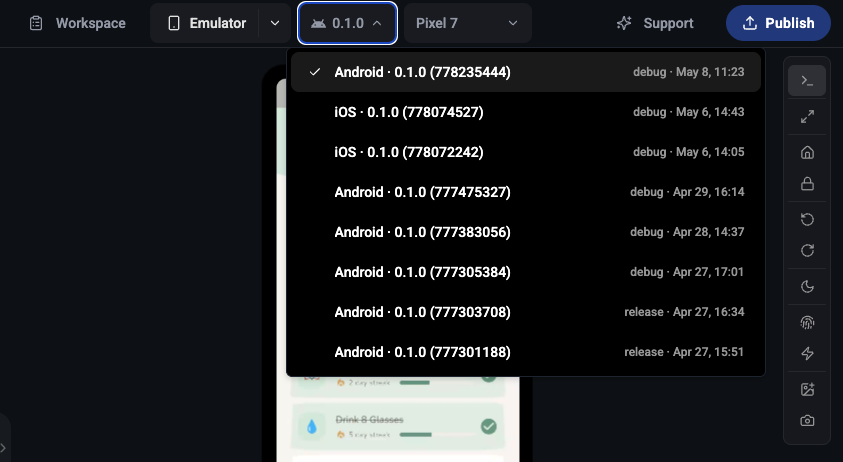Open build dropdown listing recent Android and iOS Emulator builds with version, build number, mode, and date — alongside the platform-filtered device dropdown