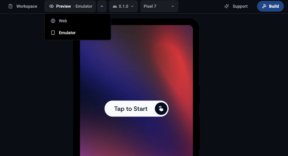 Top bar dropdown open with Preview and Emulator options, and an emulator session running below