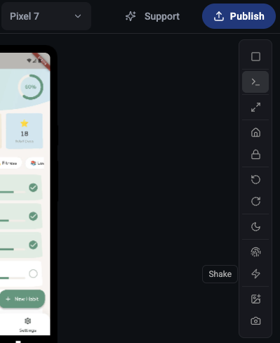 Running emulator device frame with the runtime toolbar pinned to the right — Stop, Logs, Scale, Home, Lock, Rotate, Appearance, Biometry, Shake, Media, and Screenshot controls