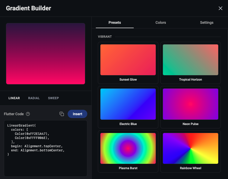 Gradient Builder — live preview with presets, color controls, and Flutter code generation