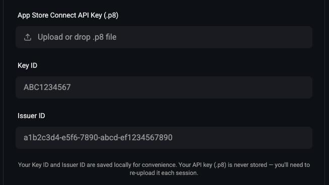 iOS build form — App Store Connect API Key upload, Key ID, and Issuer ID fields