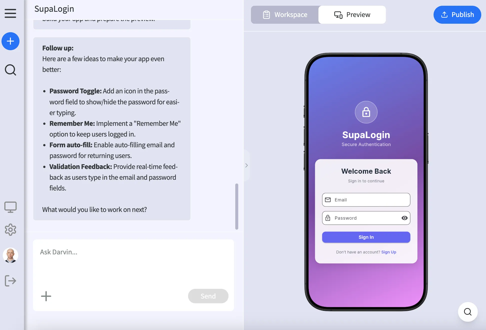 Primio workspace showing the generated Supabase login app with a purple sign-in screen