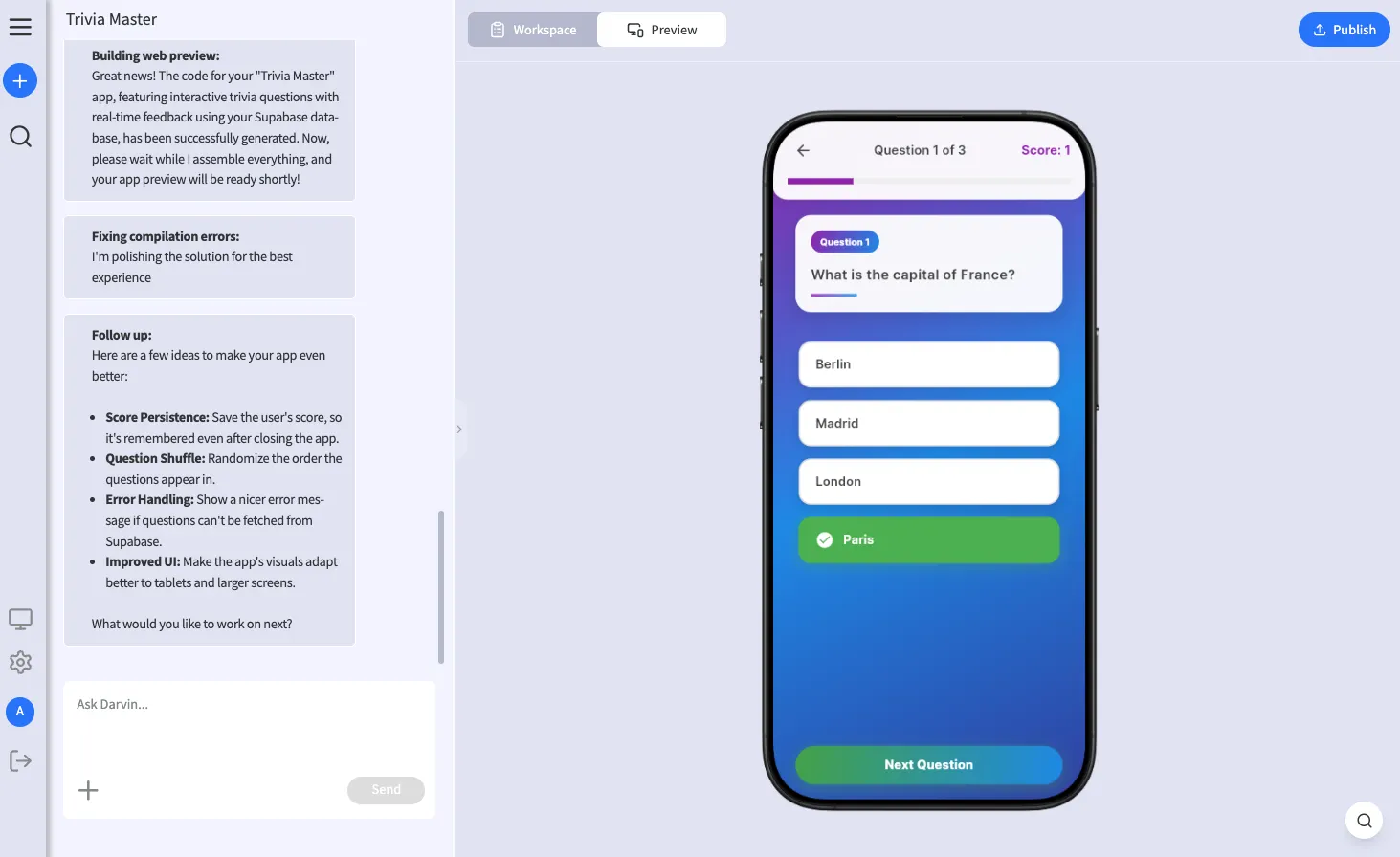 Primio workspace showing the finished Trivia Master app with a question and answer choices