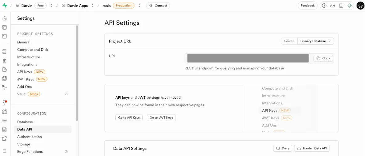 Supabase Settings Data API page showing the Project URL and Go to API Keys button