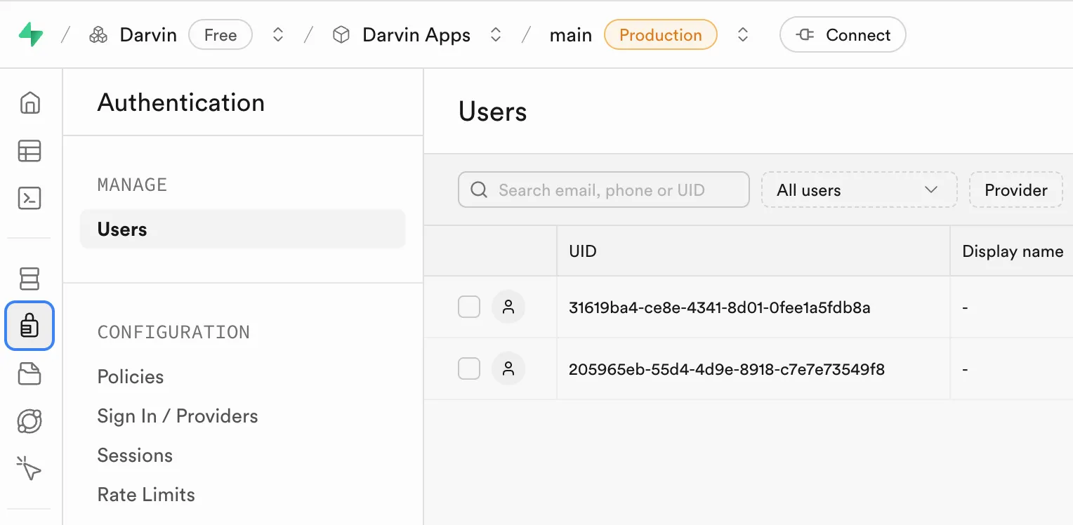 Supabase Authentication → Users dashboard showing registered user IDs