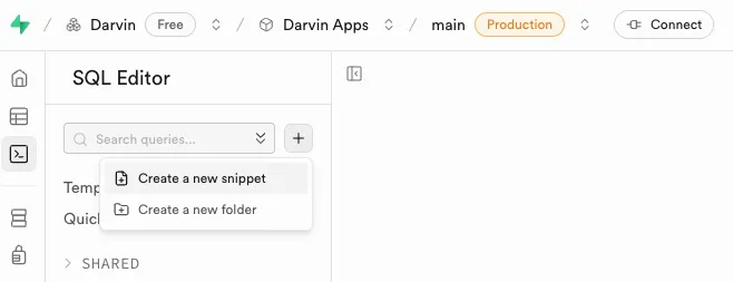 SQL Editor dropdown showing Create a new snippet option