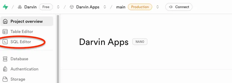 Supabase project sidebar with SQL Editor highlighted