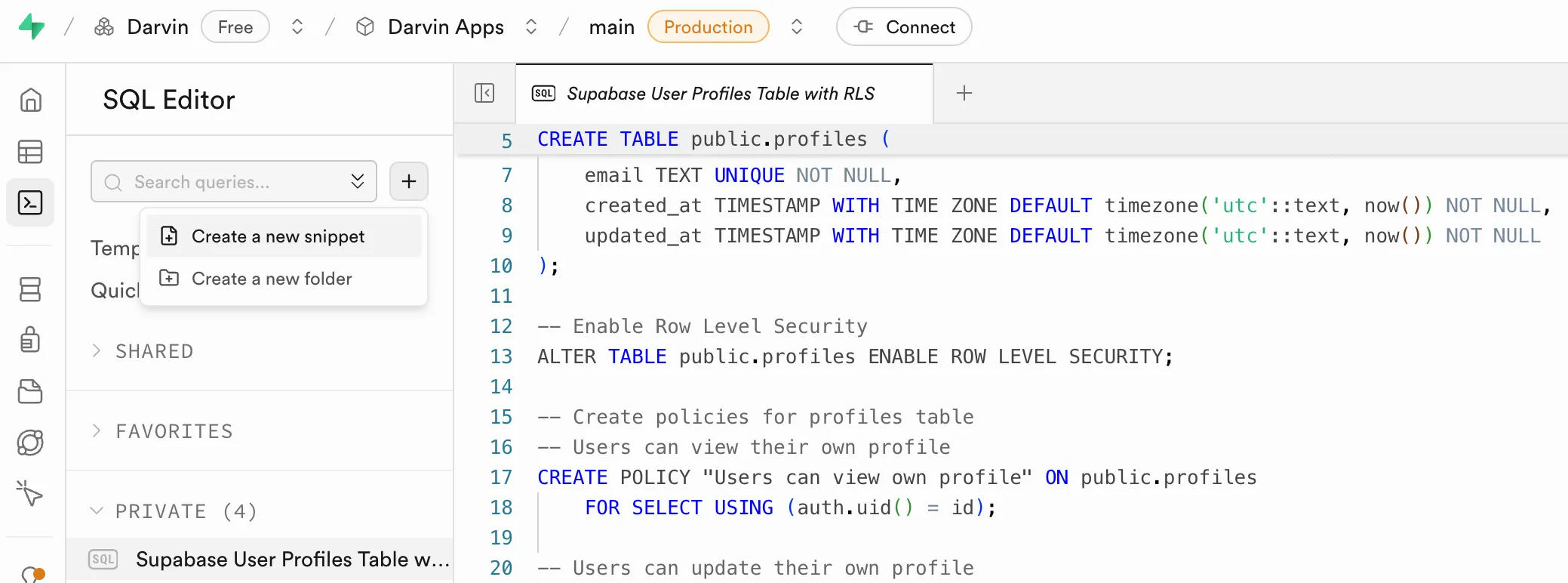 Supabase SQL Editor with the profiles table schema ready to run
