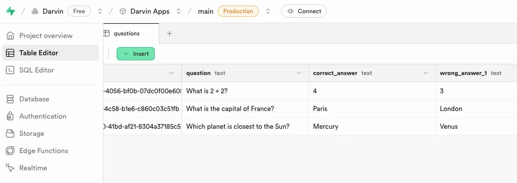 Table Editor showing the questions table with three sample trivia questions